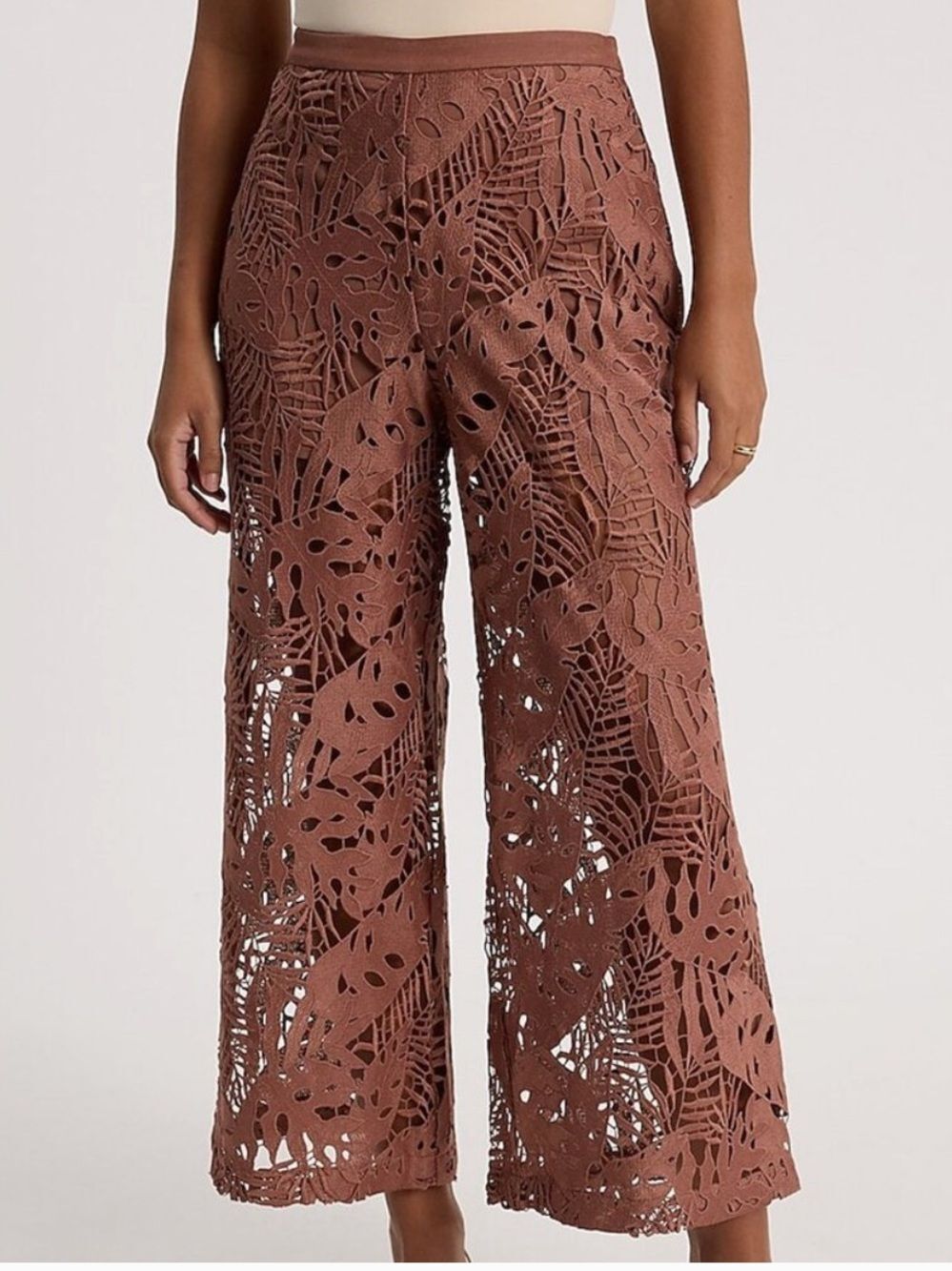 Express Brown Crochet Lace Wide Leg Crop Pants High Rise Boho Coastal Resort 12